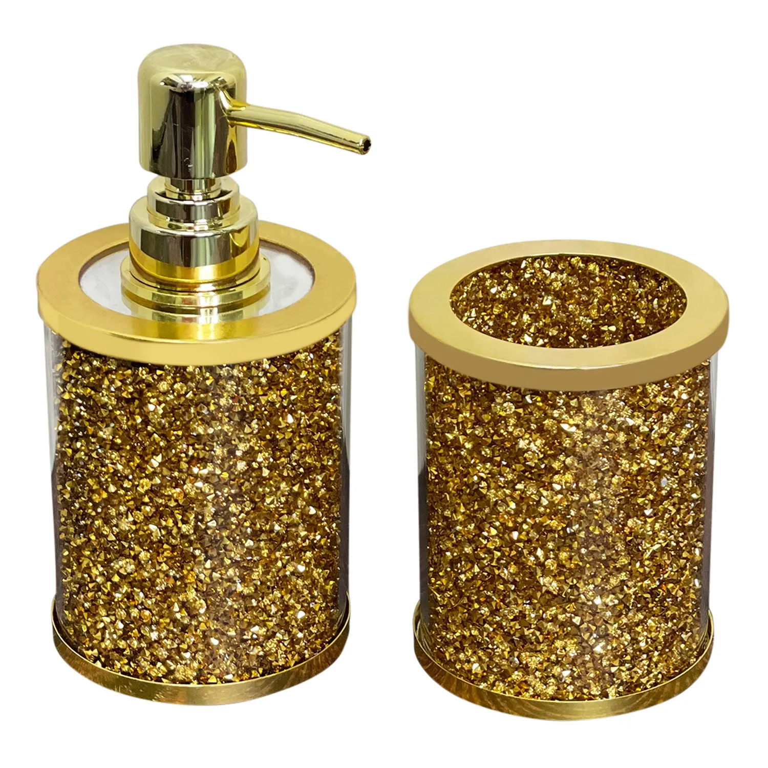 Soap Dispenser and Toothbrush Holder in Gift Box, Gold Crushed Diamond Glass