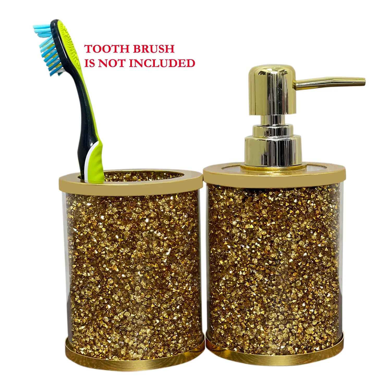 Soap Dispenser and Toothbrush Holder in Gift Box, Gold Crushed Diamond Glass