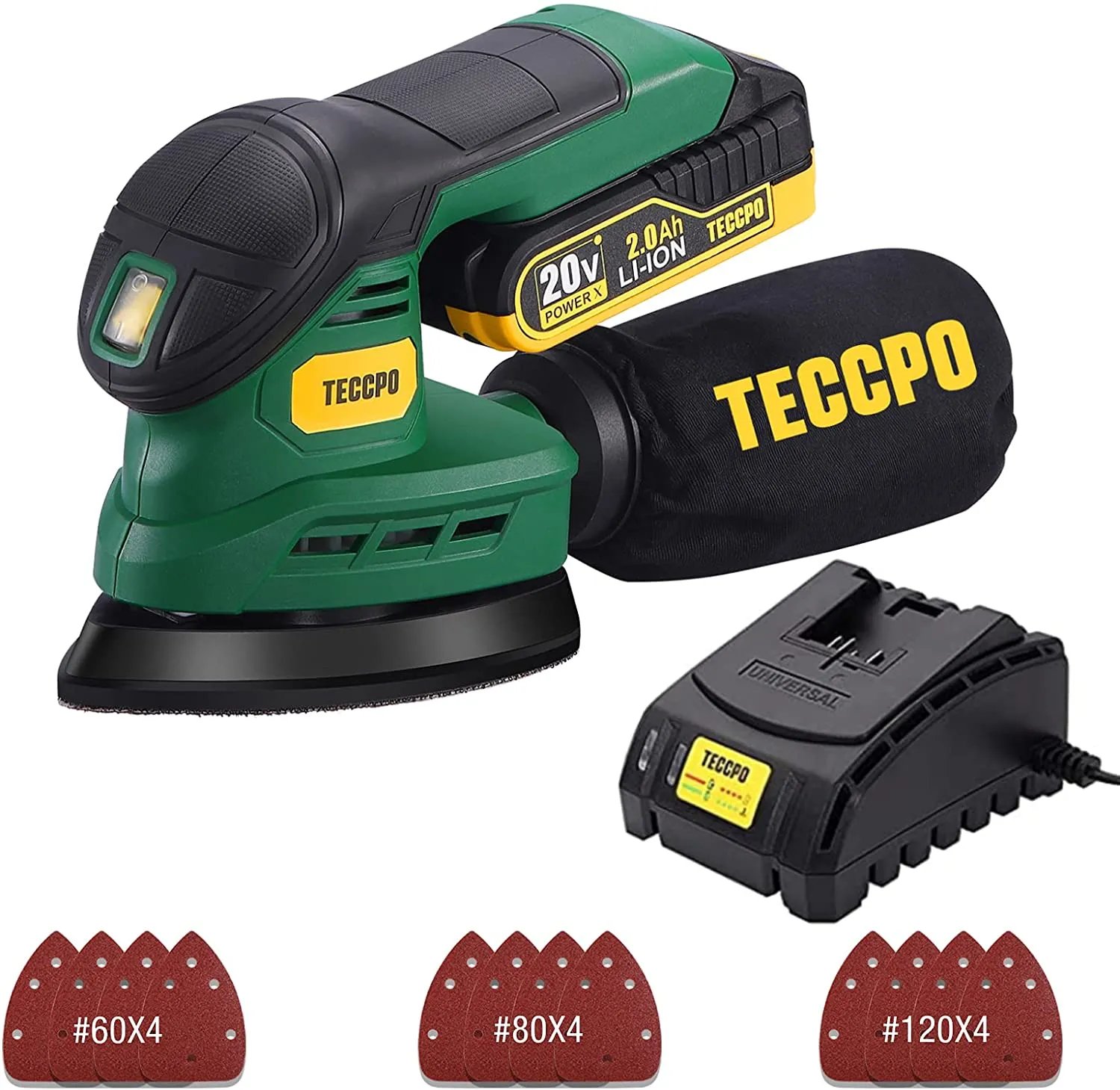 TECCPO Detail Sander, 20/18V Sander with 12Pcs Sandpapers, 2.0Ah Battery with Fast Charger, 12000 OPM with Efficient Dust Collection System, Cordless Design ideal for Woodworking/DIY Project - PMDS01D