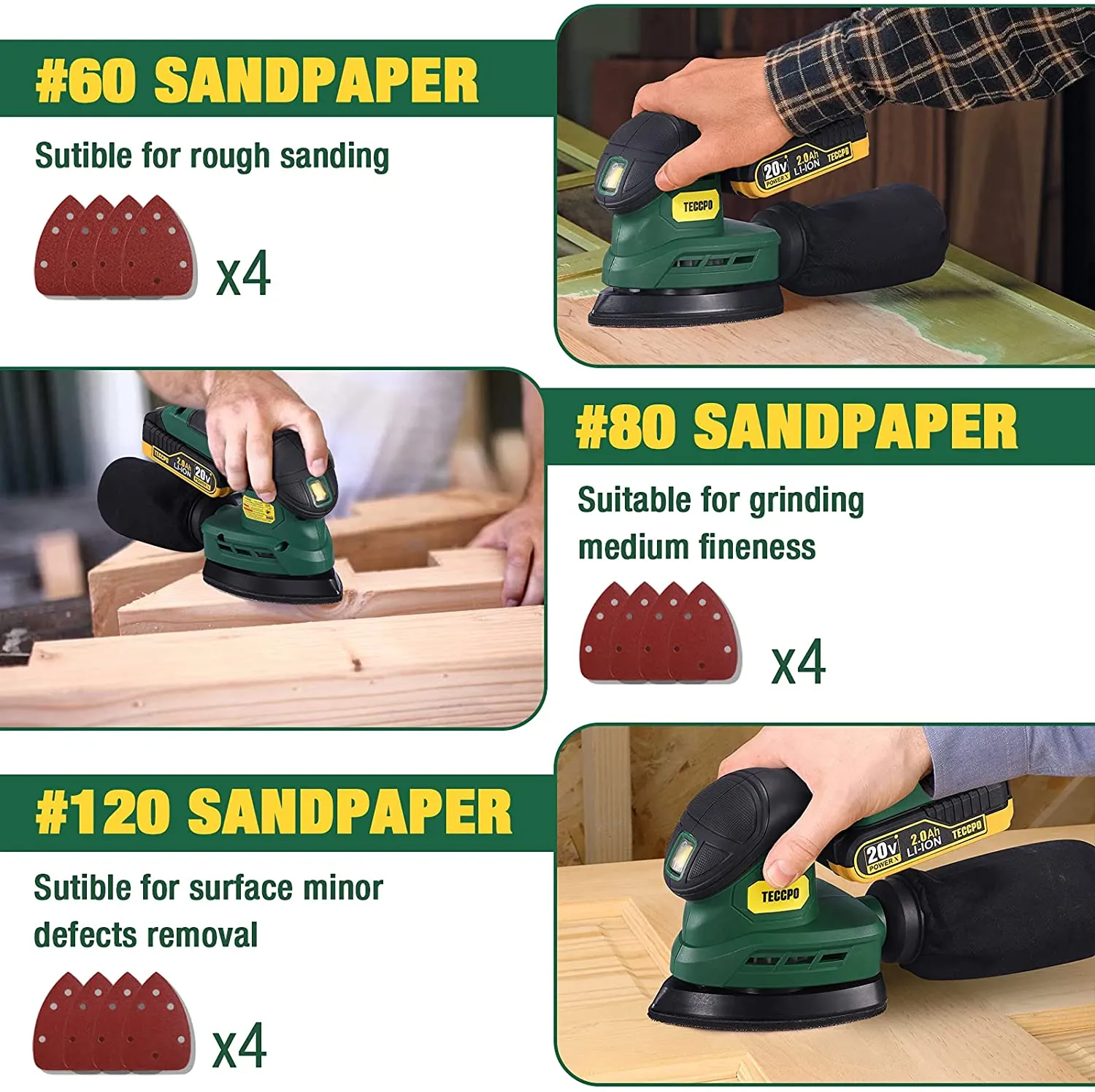 TECCPO Detail Sander, 20/18V Sander with 12Pcs Sandpapers, 2.0Ah Battery with Fast Charger, 12000 OPM with Efficient Dust Collection System, Cordless Design ideal for Woodworking/DIY Project - PMDS01D