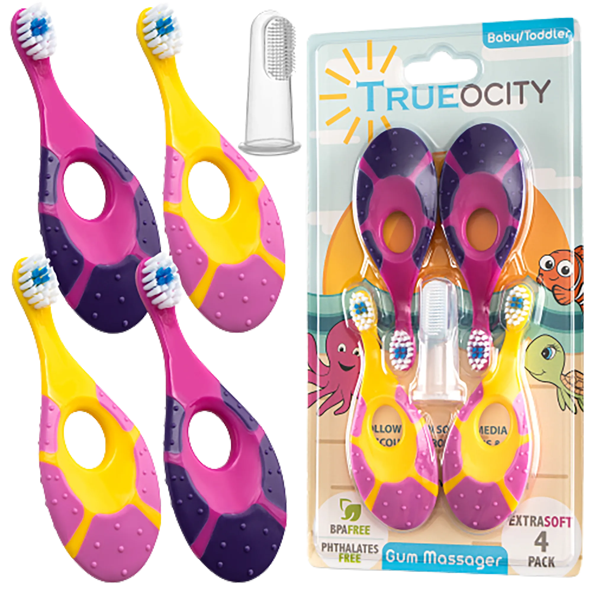 Trueocity Baby Toothbrush 4 Pack & Bonus Silicone Finger Brush, Soft Bristles, Toddler Toothbrushes, Infant & Training w/ Teething Handle, 0-2 Years, Pink Set