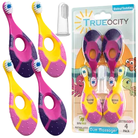 Trueocity Baby Toothbrush 4 Pack & Bonus Silicone Finger Brush, Soft Bristles, Toddler Toothbrushes, Infant & Training w/ Teething Handle, 0-2 Years, Pink Set