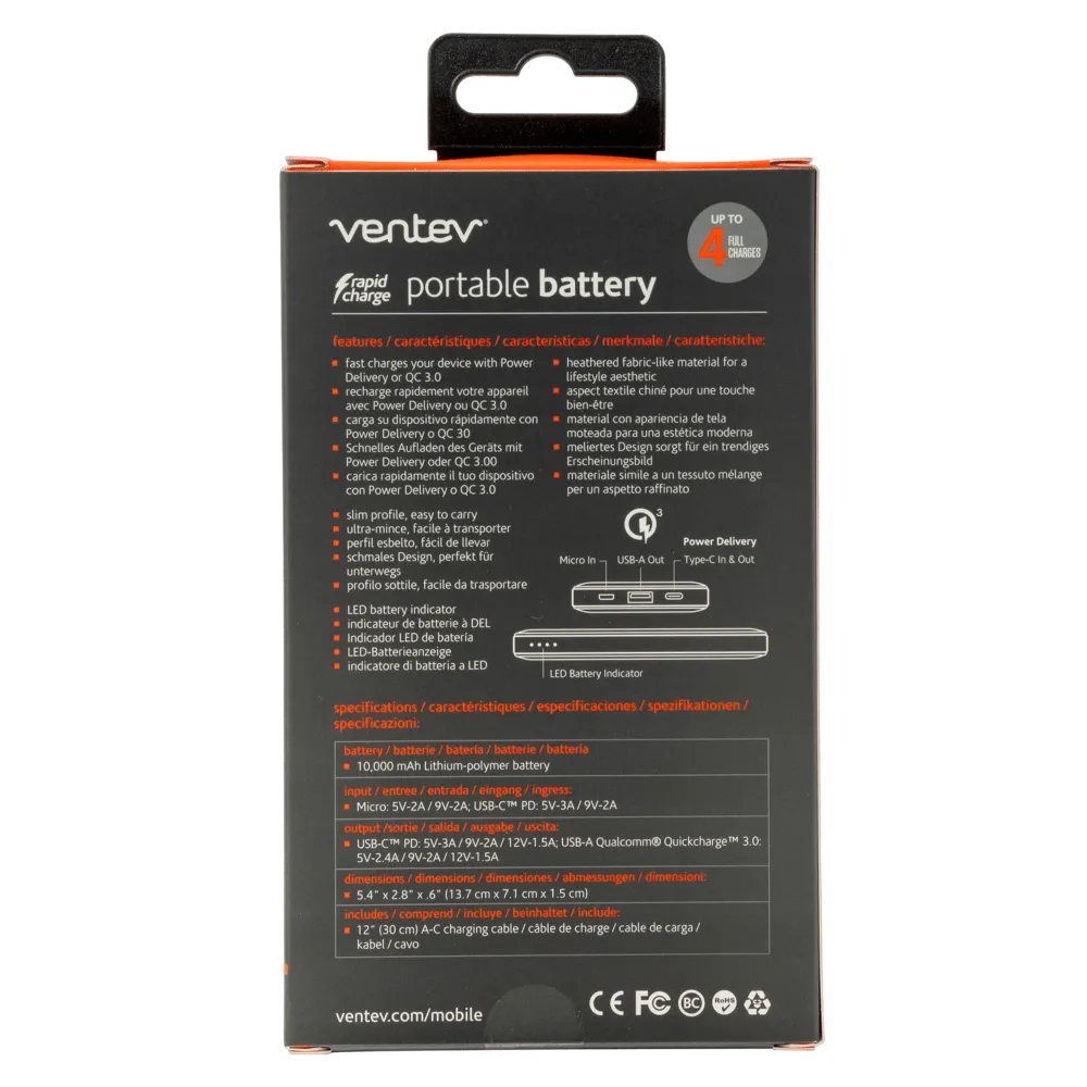 Ventev Portable Battery PD 10,000 mAh - Gray