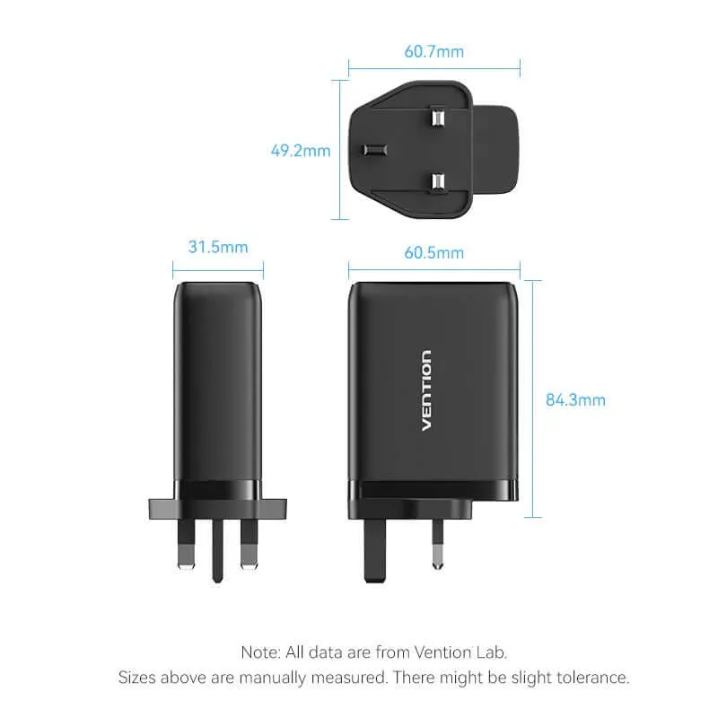 Vention 3-Port USB (C C A) GaN Charger (100W/65W/30W) UK-Plug