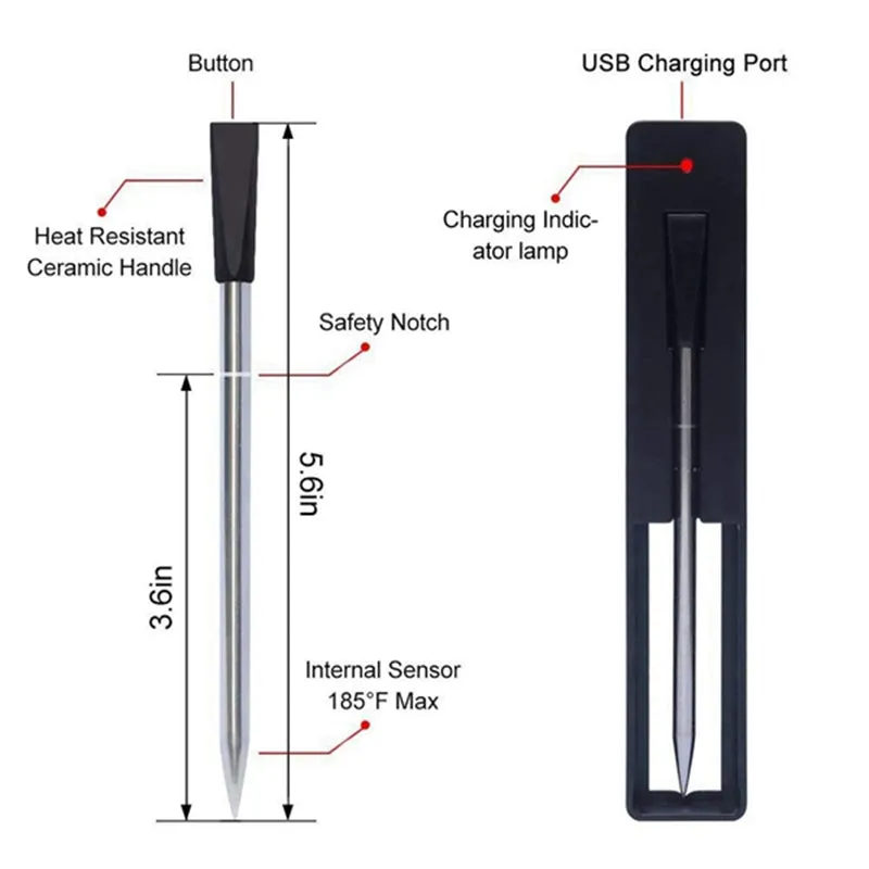 Wireless Stainless Steel Meat Thermometer Probe Fast Charger Included