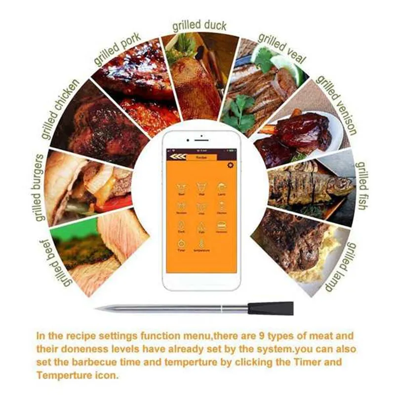 Wireless Stainless Steel Meat Thermometer Probe Fast Charger Included