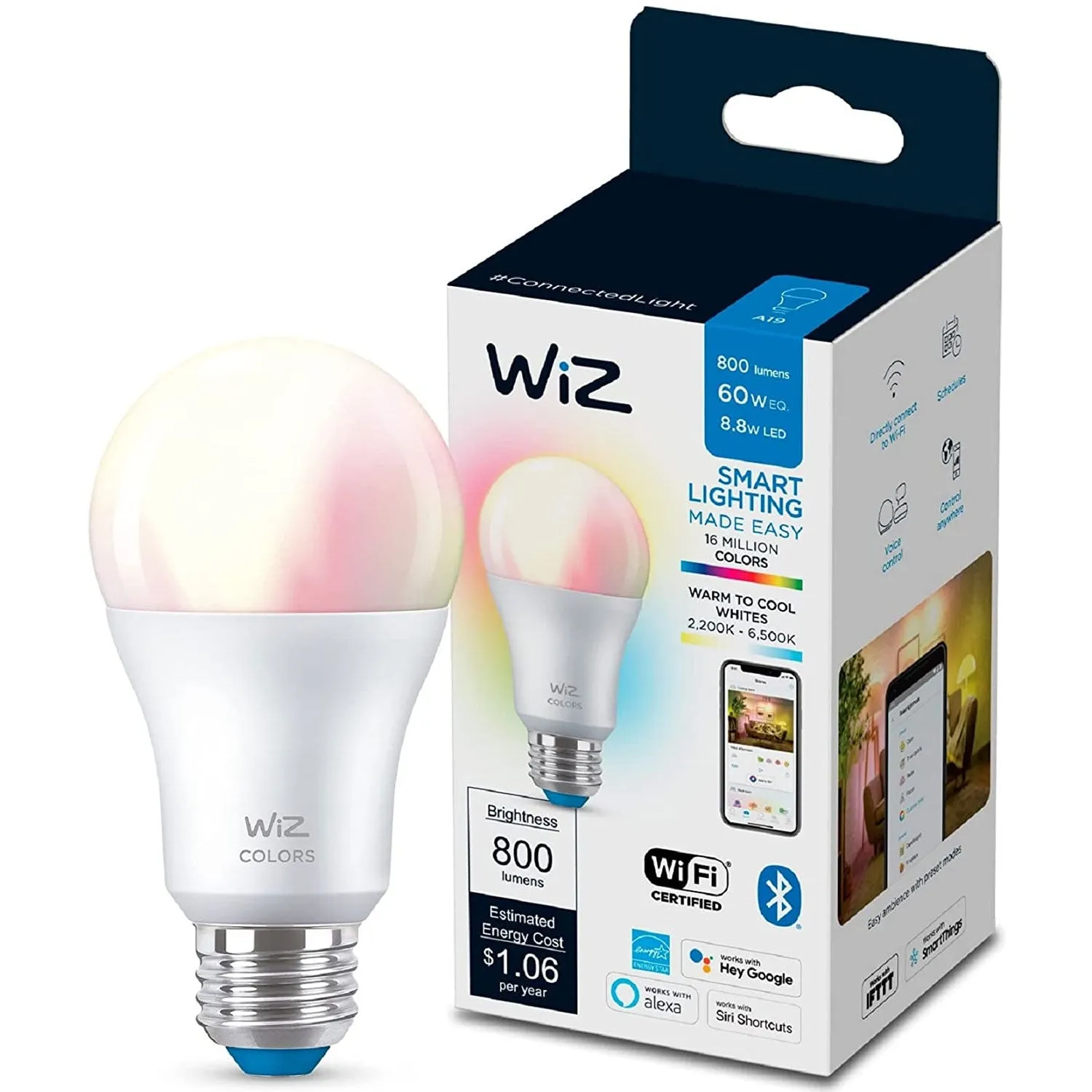 Wiz 603449 Color 8.8W A19 E26 Bulb, Wi-Fi   Bluetooth