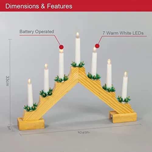 Wooden Christmas Candle Bridge / Pine Wood Finish / 7 Warm White LED Lights / Christmas Lights & Decorations / Battery Powered